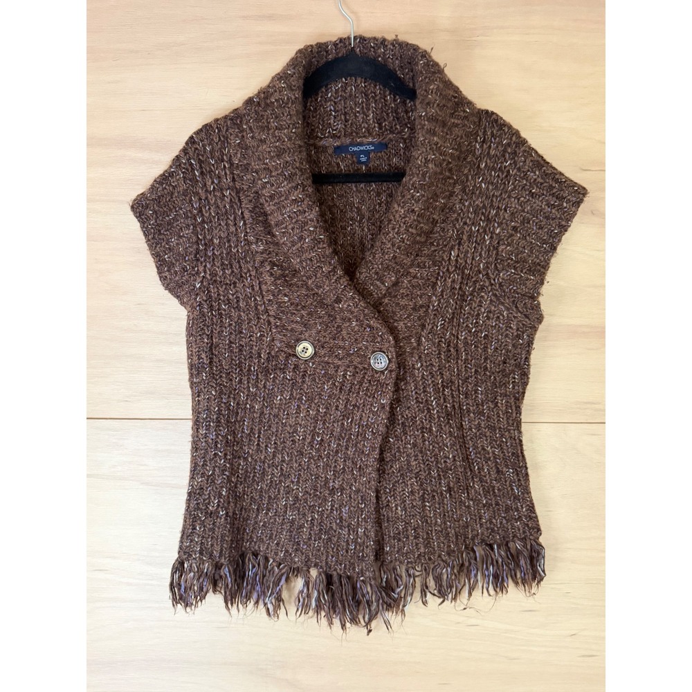Chadwicks Brown Marl Shawl Collar Fringe Hem Sweater Vest Wool Blend Petite L